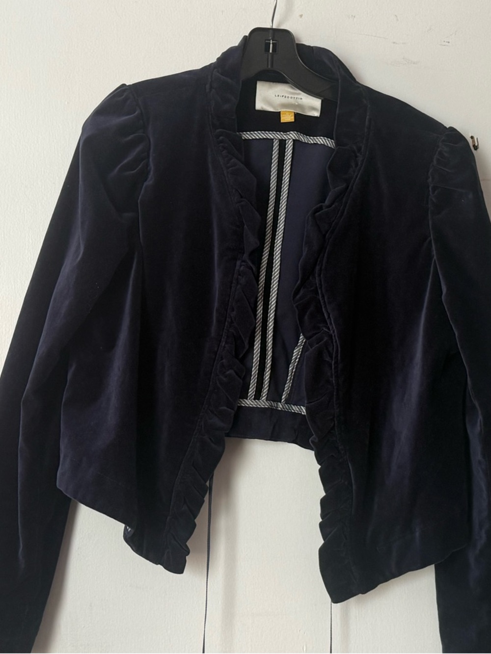leifsdottir Navy Velvet Ruffle-Trim Open Front Jacket